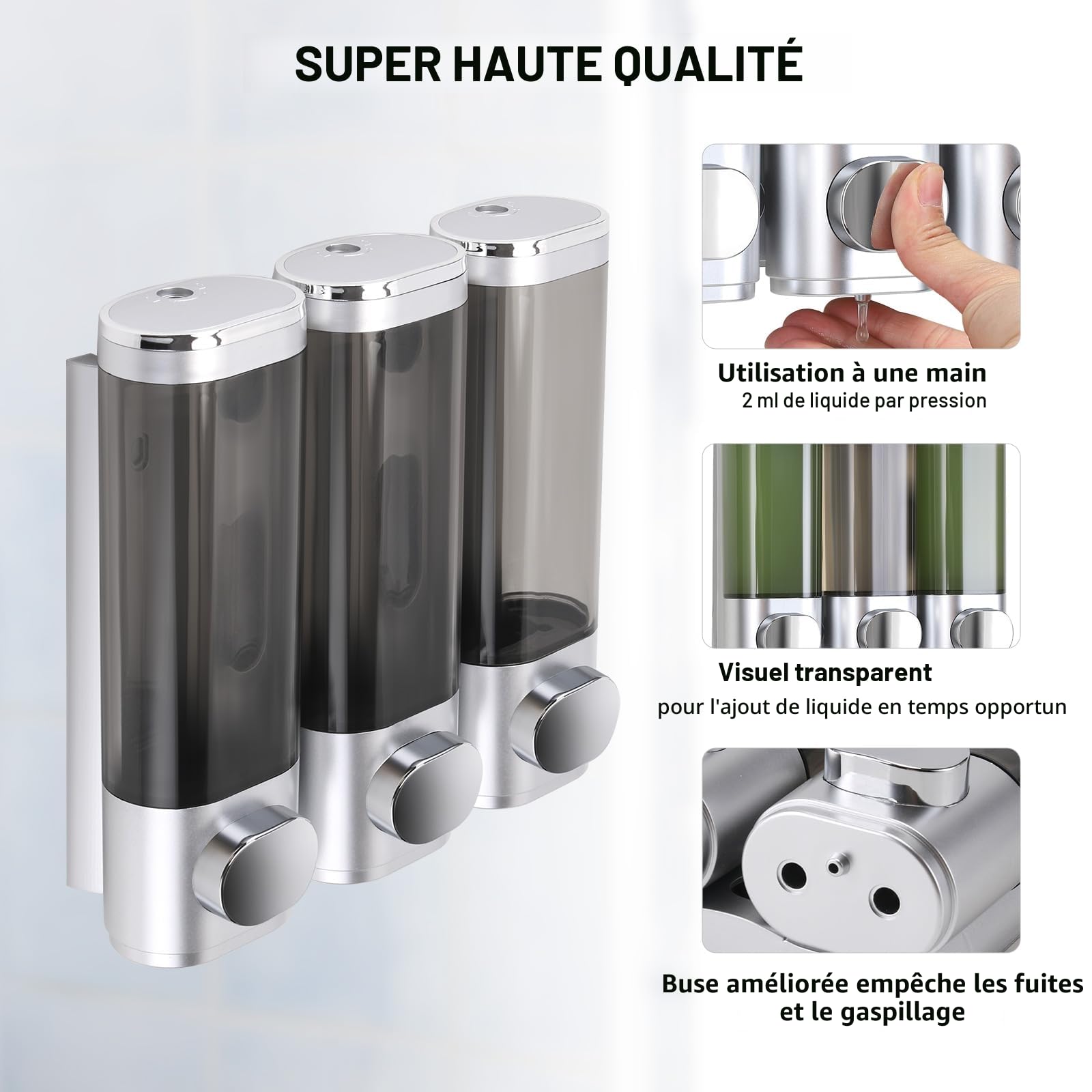 Distributeur de savon mural, distributeur de gel douche, lot de 3 distributeurs de savon sans perçage, distribution uniforme de liquide, anti-fuite, adapté pour shampooing, gel douche,