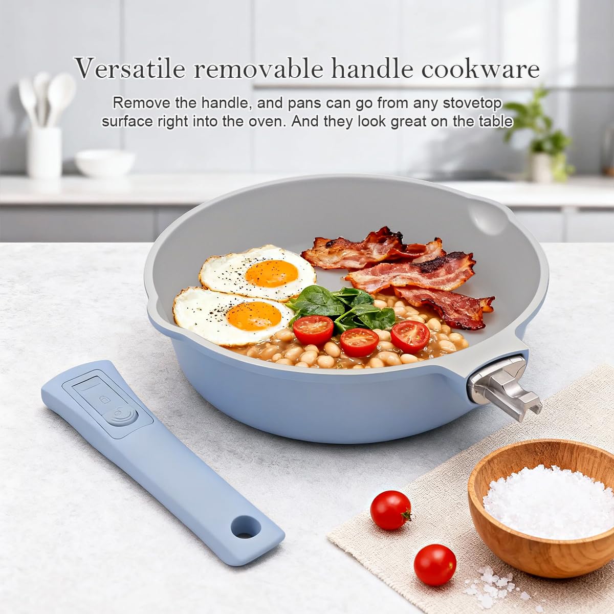 AIKENBBKK padella in ceramica 28 cm con coperchio, padella con rivestimento antiaderente con manico rimovibile, adatta a tutti i piani di cottura, adatta al forno (Azzurro)