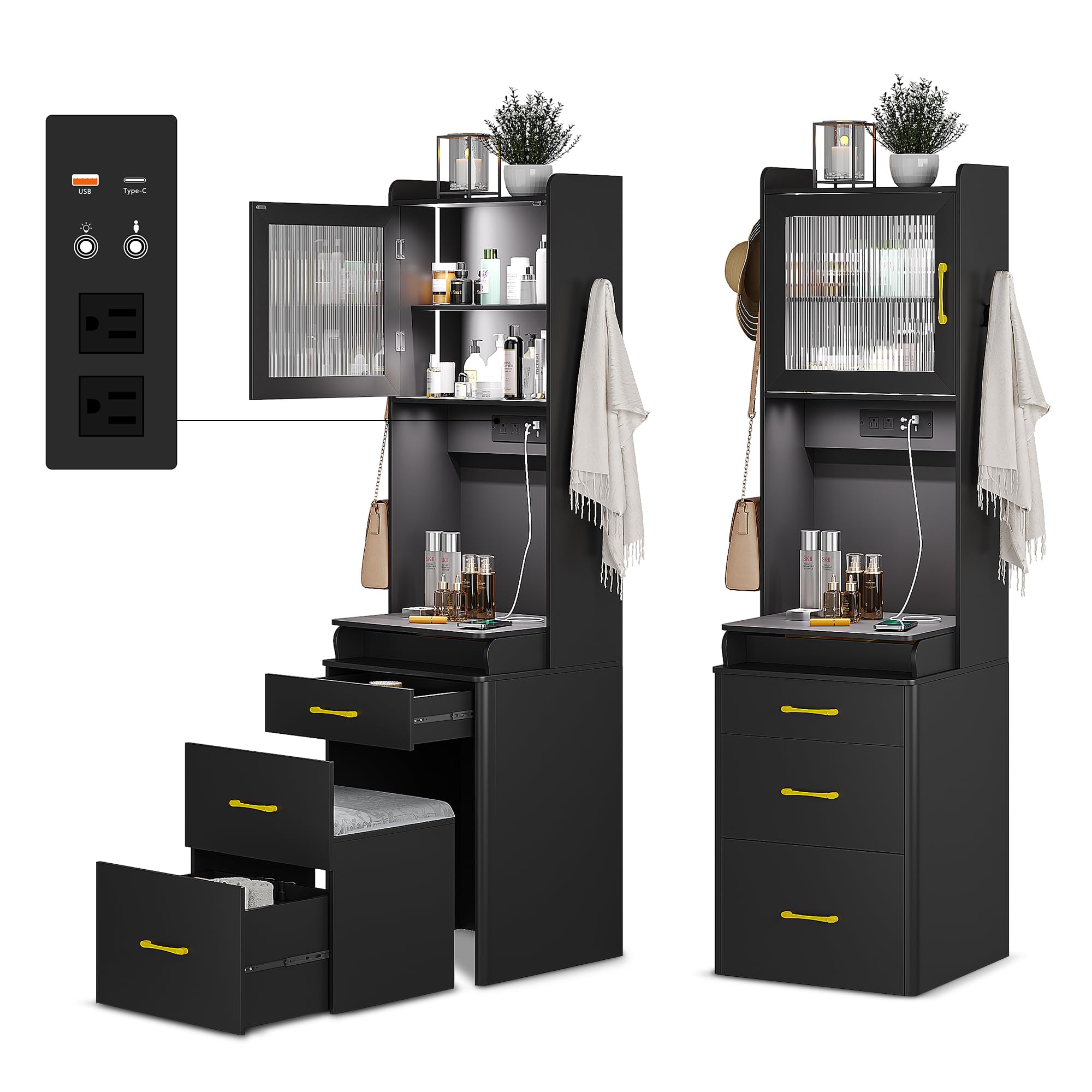 MDGC 3 in 1 Vanity Desk with Mirror and Lights,Tall Makeup Vanity Set with Hidden Stool & Flip-up Mirror, Compact Make Up Vanity and Desk Combo for Small Spaces (Black,1PCS)