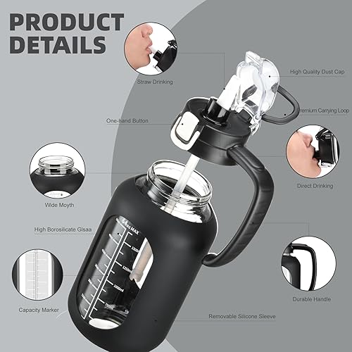 Miniatura 5 de Botella de agua motivacional grande de 64 onzas con marcador de tiempo, botellas de agua deportivas con funda de silicona y tapa con asa, jarra de