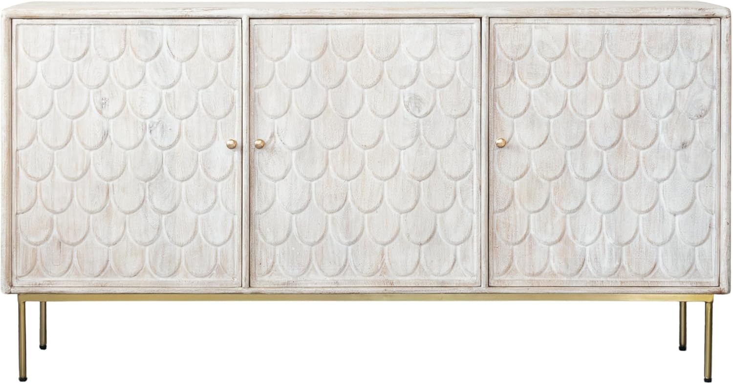 Creative Co-Op Mango Wood Scalloped Console with 3 Doors and 3 Shelves, White