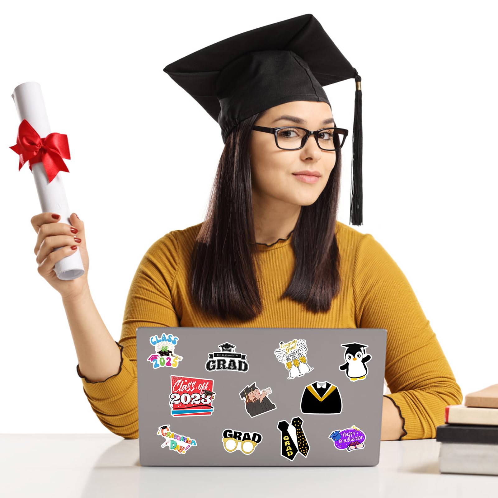 JarThenaAMCS 2400-Pack Mini Graduation Cap Stickers - Black & Gold Self-Adhesive Decals, 0.5 Inch - View #10