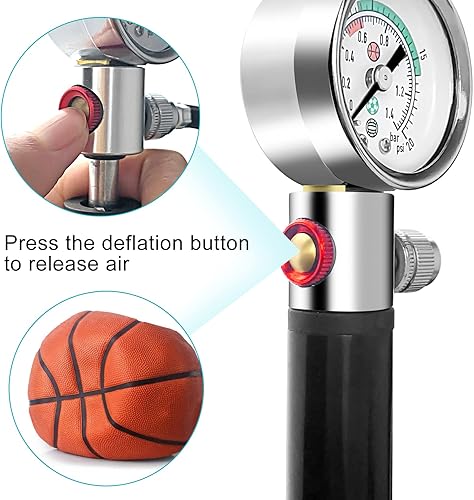 Miniatura 2 de Bomba de bola con manómetro, bomba de aire deportiva portátil con 10 agujas y válvula de liberación de presión para baloncesto, fútbol, voleibol y