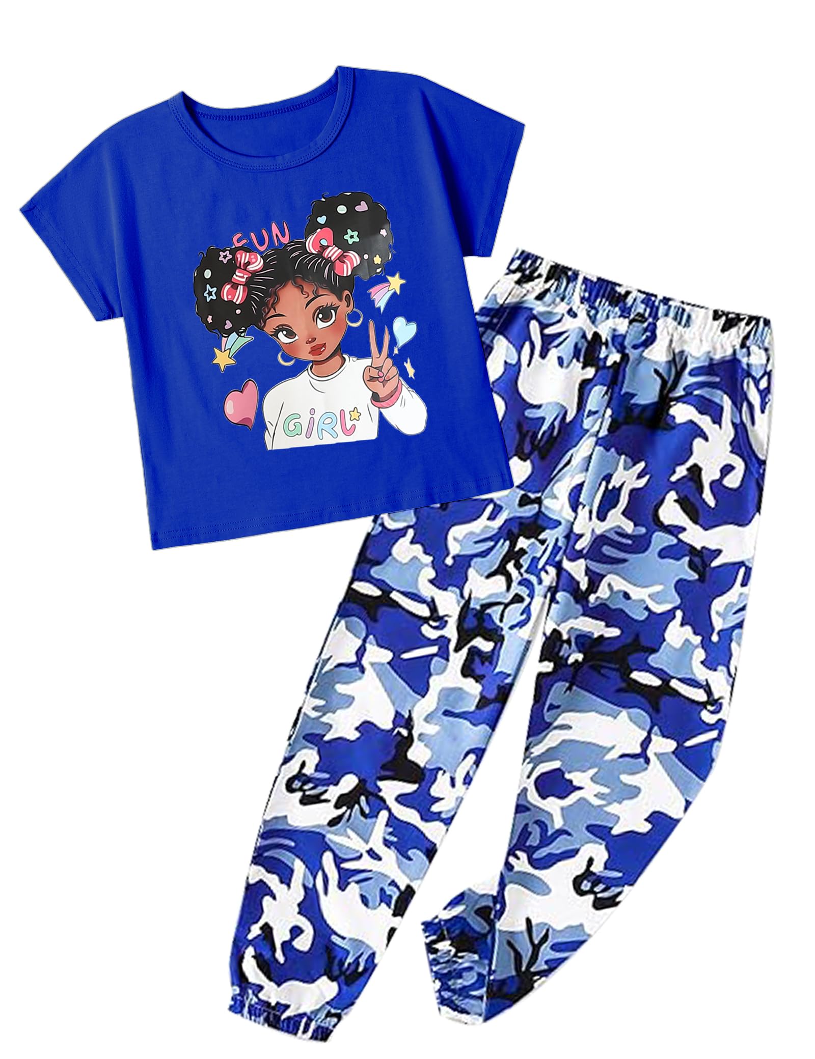 mksodop Girls Clothes 2 Pieces Solid Color Short Sleeve Fashion Printed T-Shirt and Camouflage Pants Girls Outfits Set