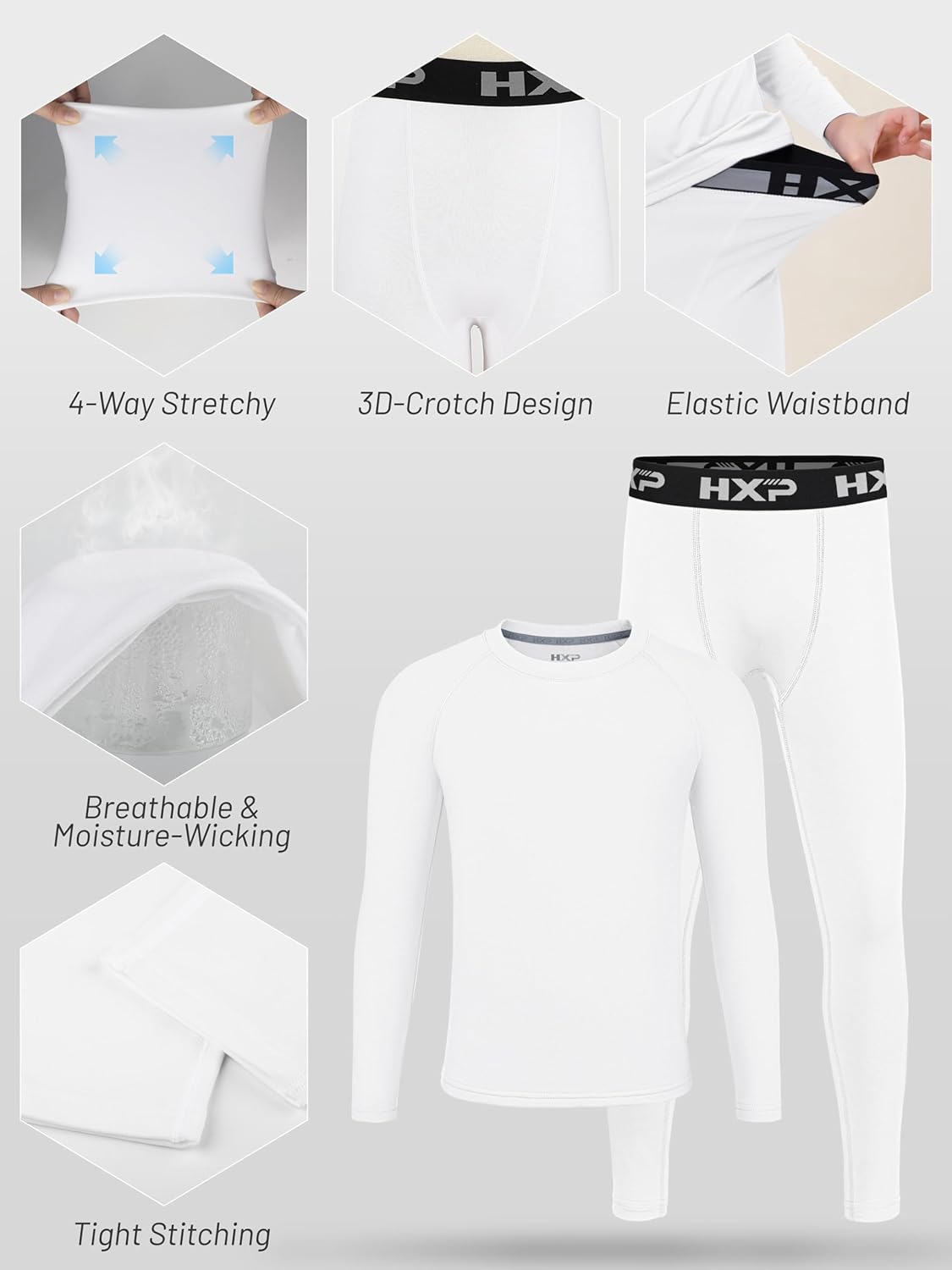 HXP Boys Compression Thermal Base Layer Set, Athletic Youth Fleece Lined Long Sleeve Sports Tops Leggings for Kids - Image 3