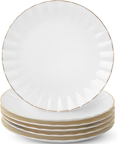 BTaT- Platos de postre blancos, juego de 6, 8 pulgadas, porcelana blanca con borde dorado, plato pequeño, platos pequeños para aperitivos, platos