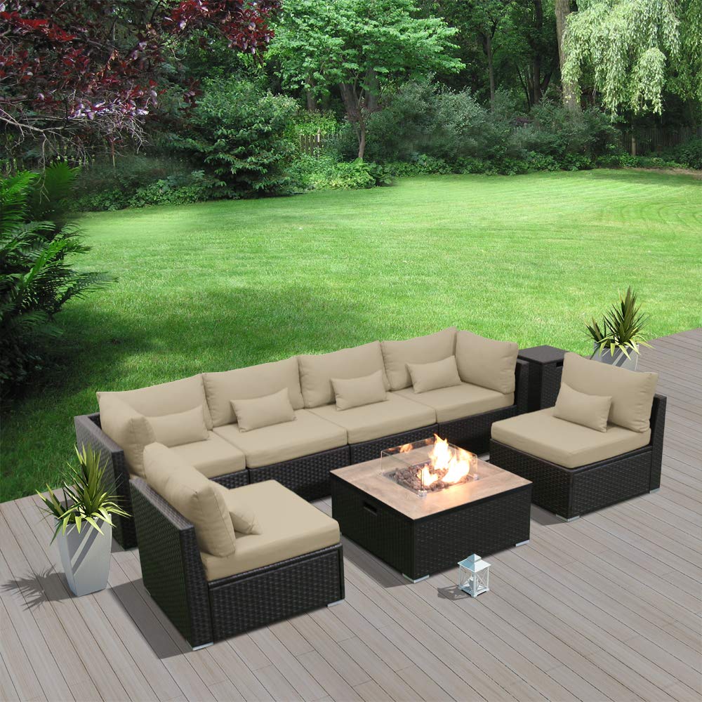 DINELI Patio Furniture Sectional Sofa with Gas Fire Pit Table Outdoor
