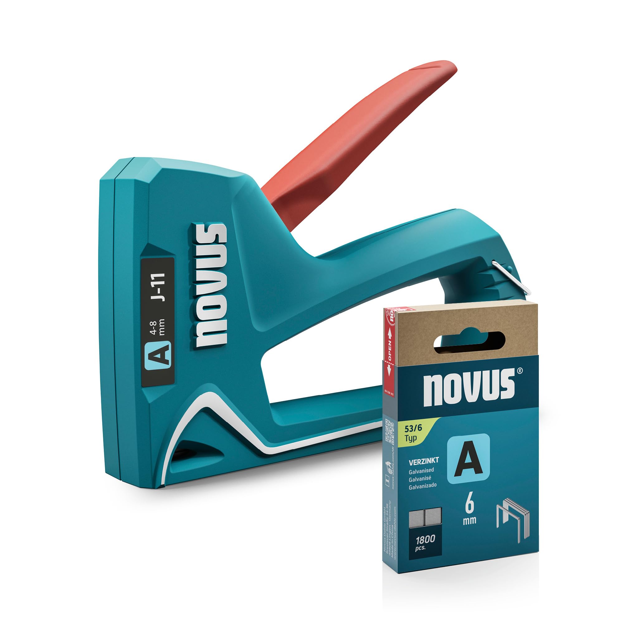 NOVUS TOOLS Grapadora Manual J-11 con 1800 Grapas - Mecanismo de Carga Inferior para Madera, Bloqueo de Mango y Ventana de Visión - para Alambre Fino de 4 a 8 mm