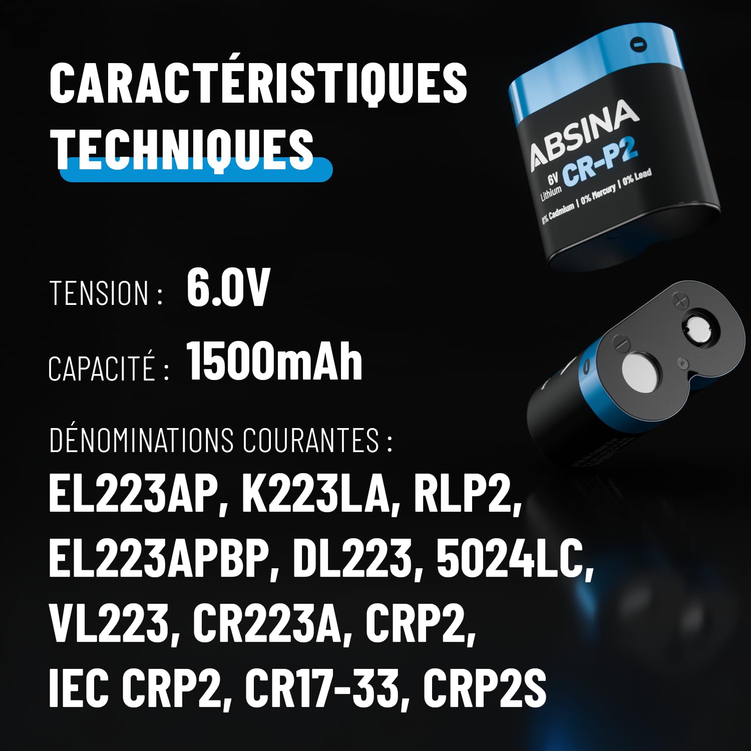 ABSINA 5X Pile CRP2 Lithium 6V - Pile CR P2 pour Distributeur, Appareil Photo, Flash, détecteur de Mouvement & Plus - Anti-Fuite, Longue Conservation - CR-P2 Piles 6V