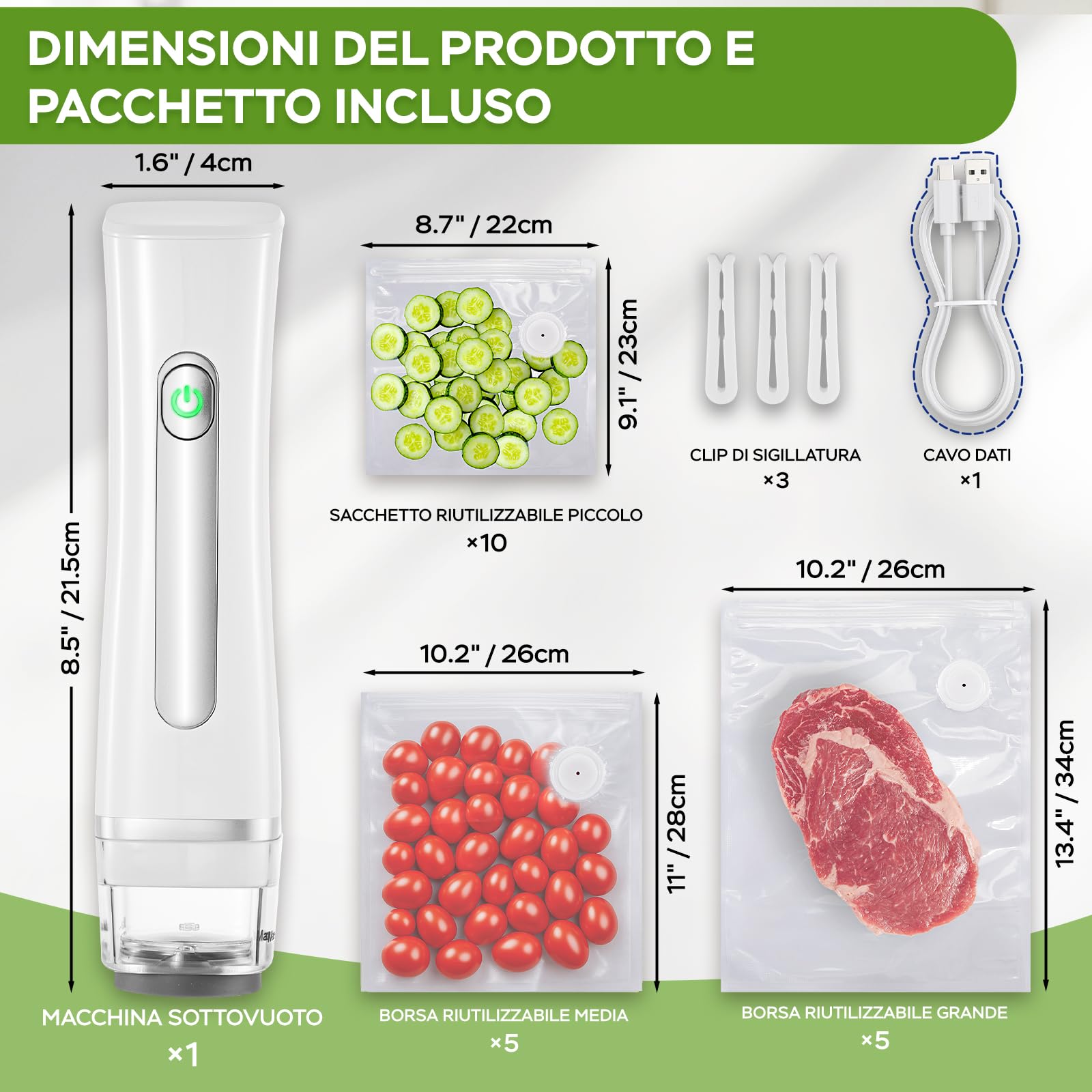 Macchina Sottovuoto per Alimenti, Sottovuoto Alimenti Portatile con 20 Sacchetti Sottovuoto Riutilizzabili, Macchina Sottovuoto per la Cottura Sottovuoto e la Conservazione Degli Alimenti