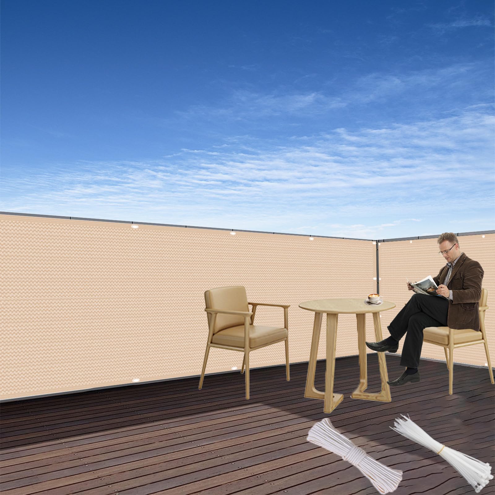 Copri Ringhiera Balcone 50 x 120 cm Ombreggiante, Protezione Solare e Traspirabilità, Recinzione Copri Ringhiera Balcone con Fascette e Funi per Giardino Terrazza, Color Crema