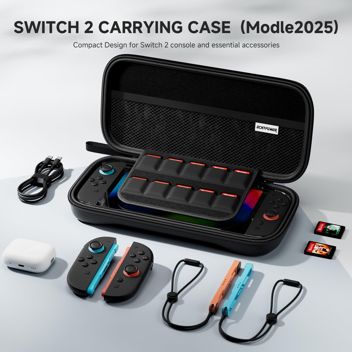 ECHTPower Custodia per Switch 2, con Cover Trasparente, Pellicole Protettive, Custodia Rigida Nylon, Interno Morbido, 4 in 1 Kit Accessori per Switch 2 Console-Protezione da Urti e Graffi