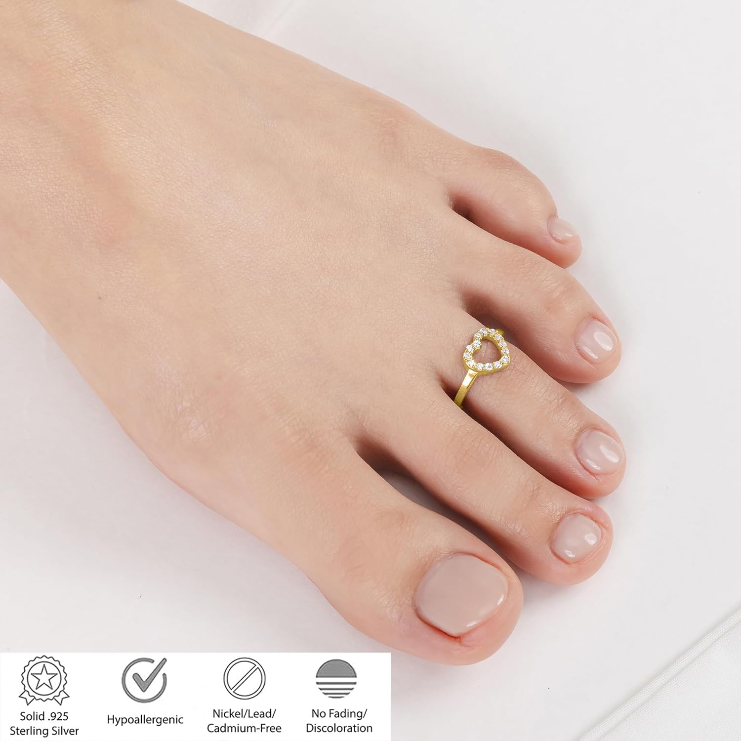 Hoops & Loops 925 Sterling Silver Cubic Zirconia Open Heart Toe Ring for Women