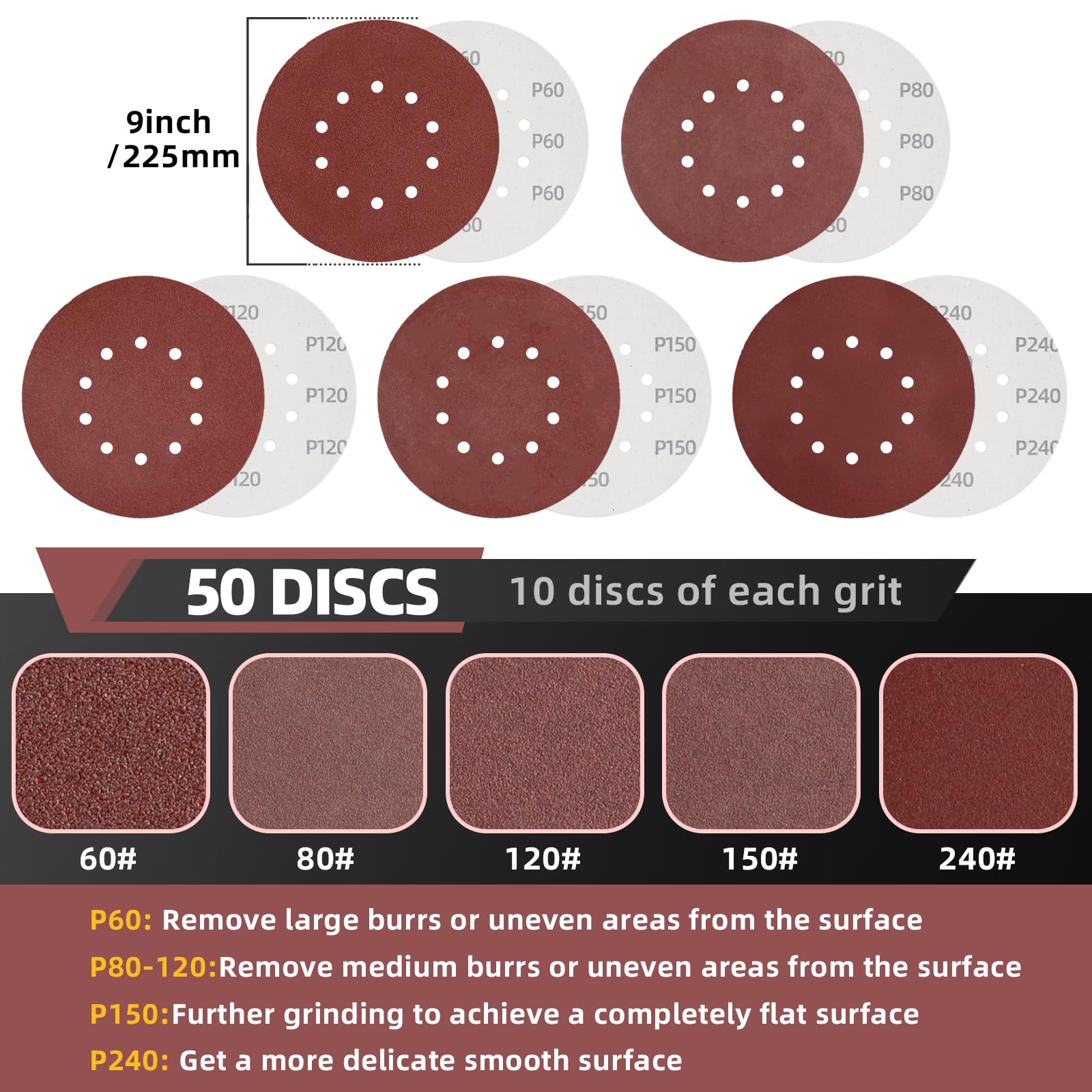 Juego de 50 discos de lijado de 9 pulgadas con 10 agujeros, 10 de cada uno de 60, 80, 120, 150, 240, papel de lija adhesivo de gancho y bucle de 9 pulgadas para lijadora de paneles de yeso