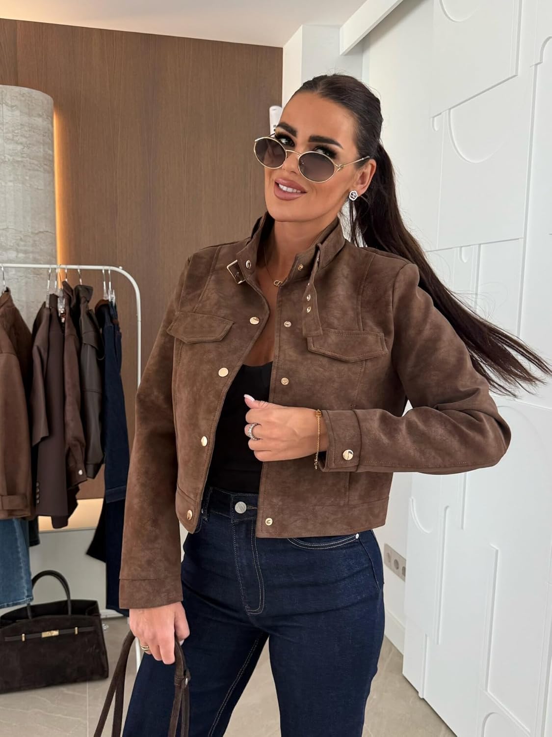 utcoco Women's Faux Suede Cropped Jacket Button Front Stand Collar Long Sleeve Short Moto Outerwear - Image 2