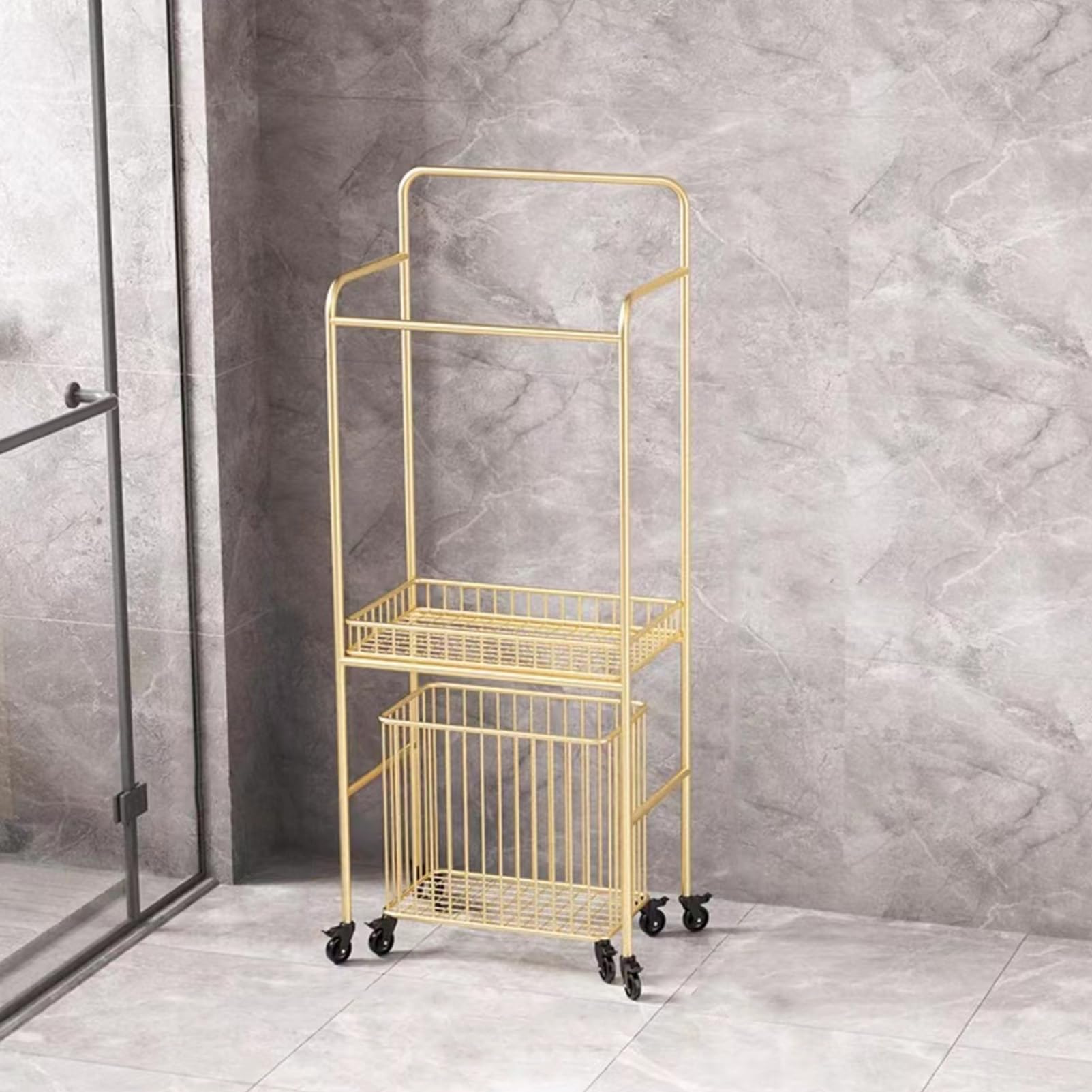 TUOYIBO Bathroom Towel Shelf, Floor Standing Bathroom Trolley Clothes Basket, Bathroom Bath Dirty Clothes Hamper Storage Shelf