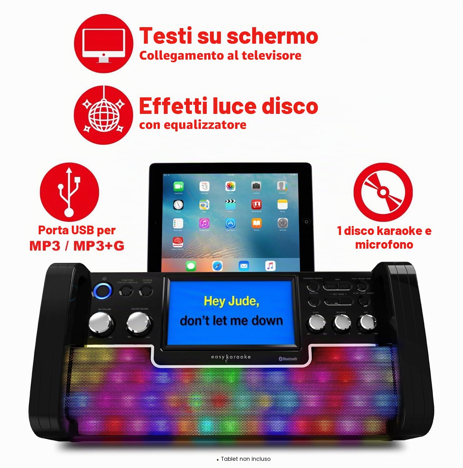 Easy Karaoke EKS780-BT Bluetooth CD+CDG Karaoke Disco Party Machine con altoparlante, 1 microfono, luci LED da discoteca e schermo TFT a colori da 7 pollici