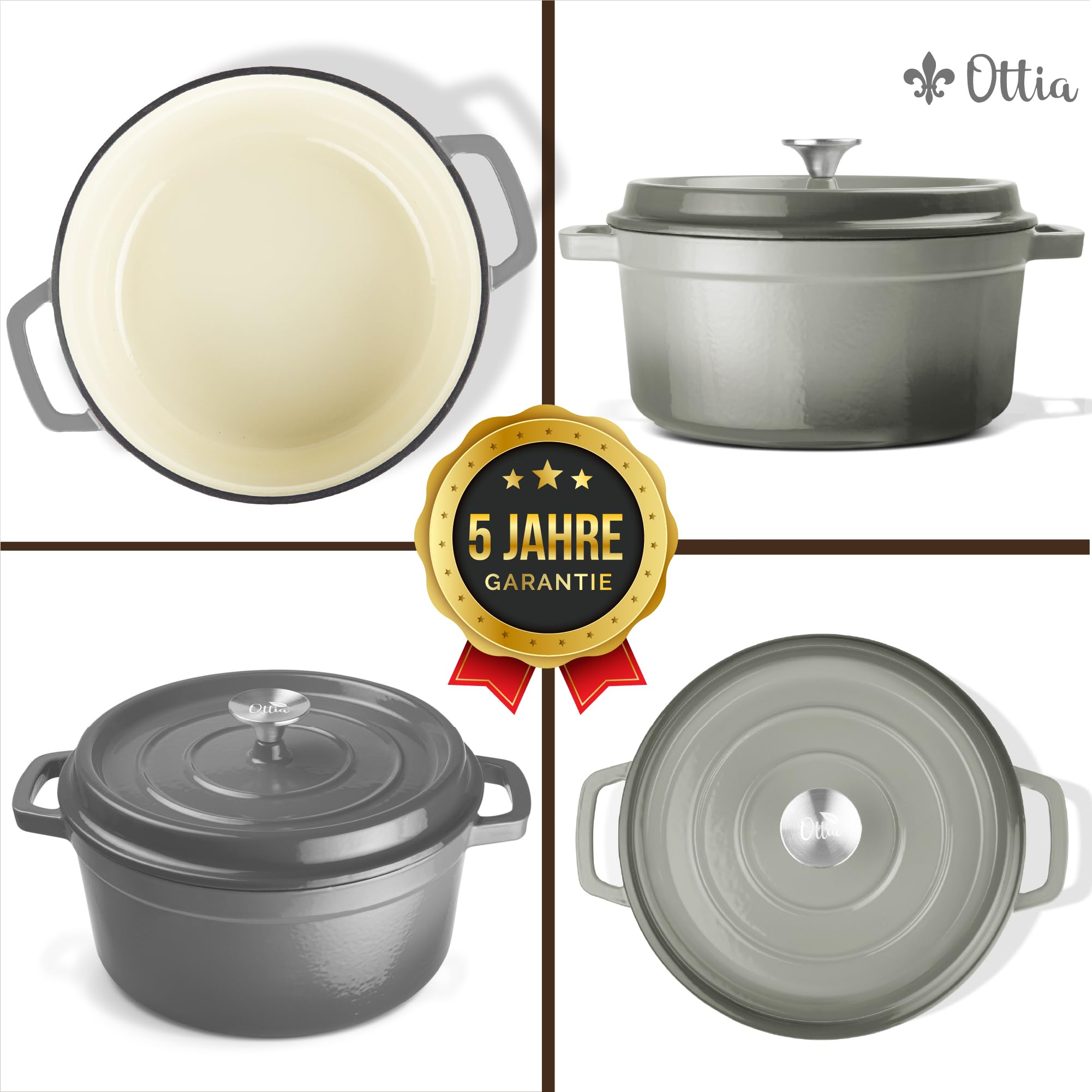 Ottia Cocotte en fonte, 26 cm, 5 litres, émail de qualité supérieure, cocotte avec couvercle, tous types de feux (y compris induction), passe au four