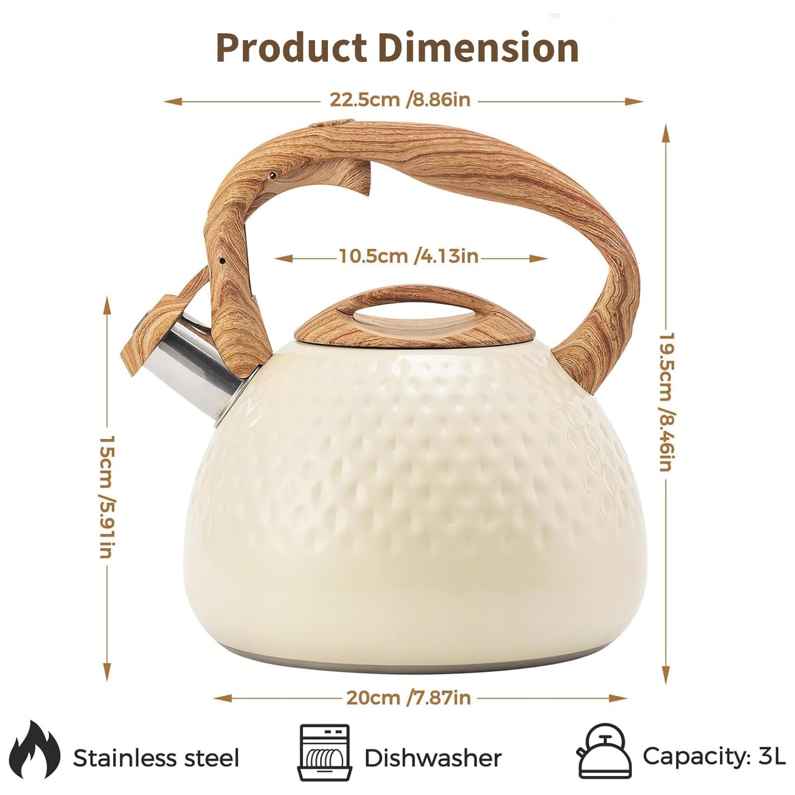 Tetera de acero inoxidable de 3 litros con silbato fuerte con asa