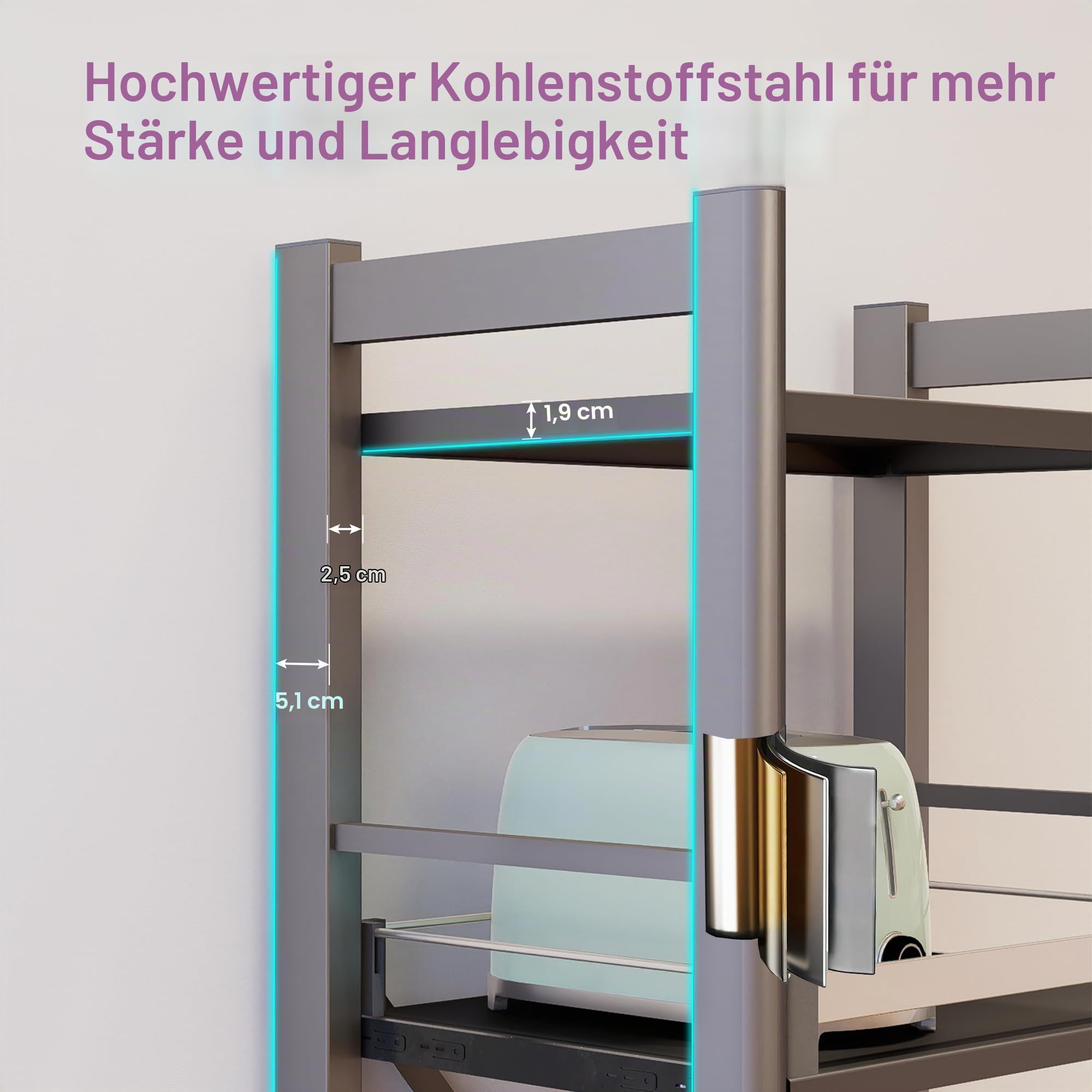 4-Etagen Küchenregal stehend, 2 ausziehbare Ablagen, Mikrowellenregal | 2 Schubladen mit verstellbaren Positionen, Für Airfryer und Küchengeräte, 4 Rollen, Freistehend, Platzsparend,60cmx125cm