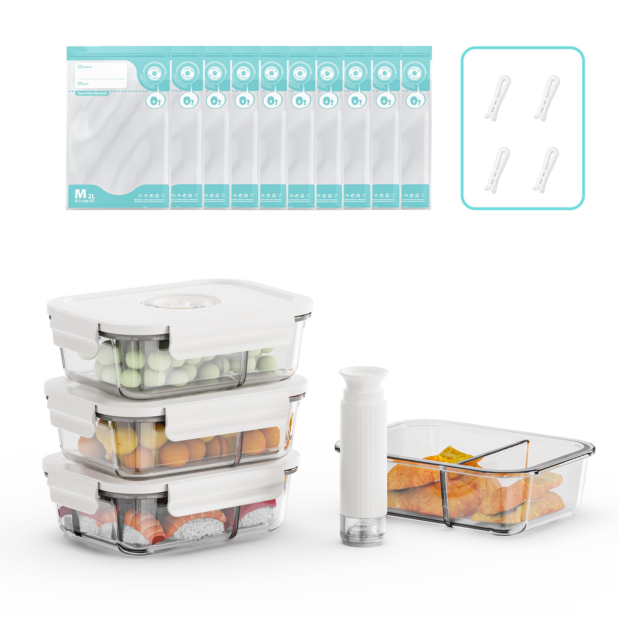 Contenitori per alimenti in vetro sottovuoto con sacchetti Sous Vide, contenitore con coperchio ermetico per pranzo, senza BPA, a prova di perdite, freschezza di lunga durata, 988 g
