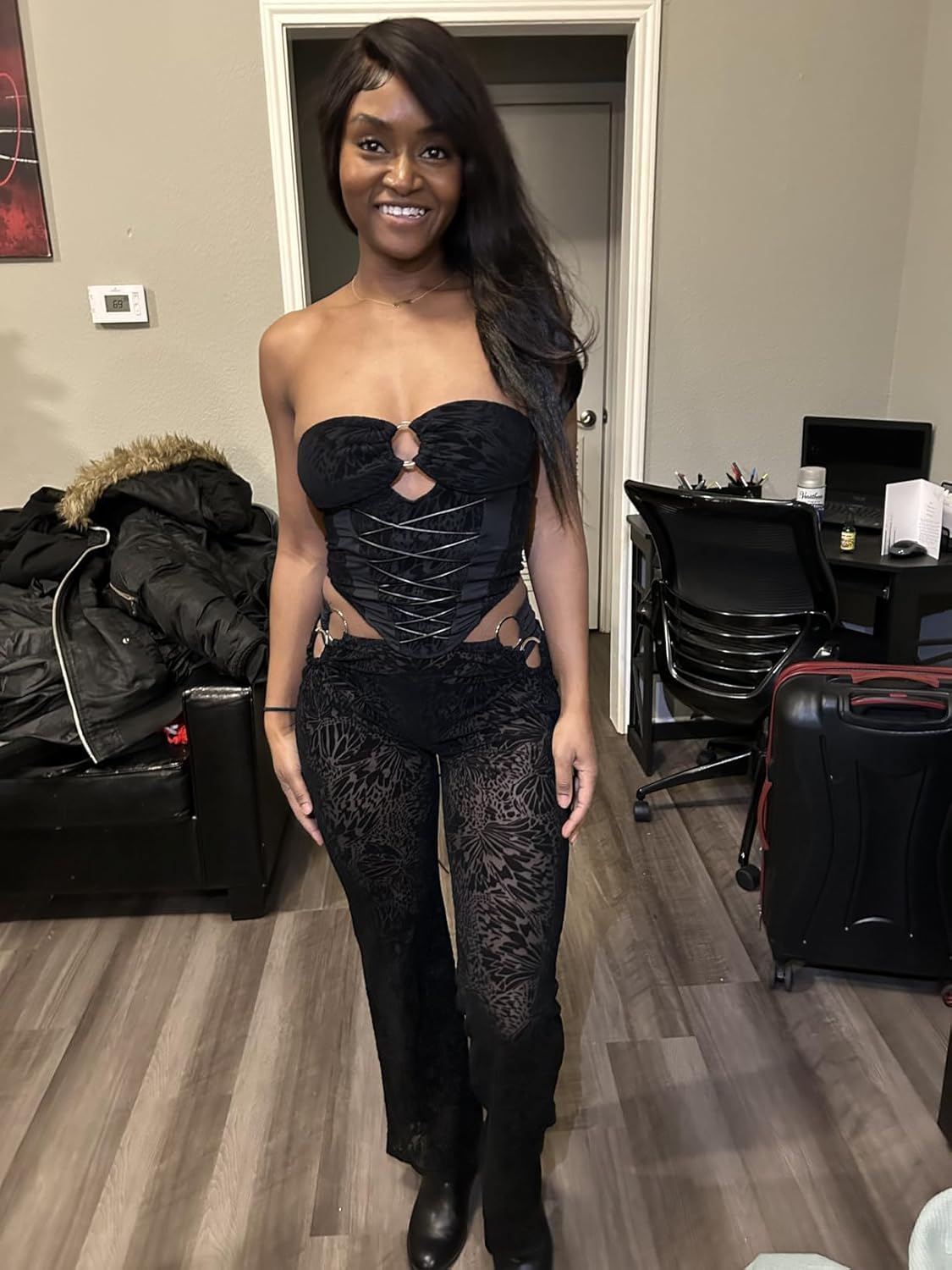 Womens Sexy 2 Piece Outfits Lace Up Band Top Ring Cutout Long Pants Sexy Club Sets - Image 4