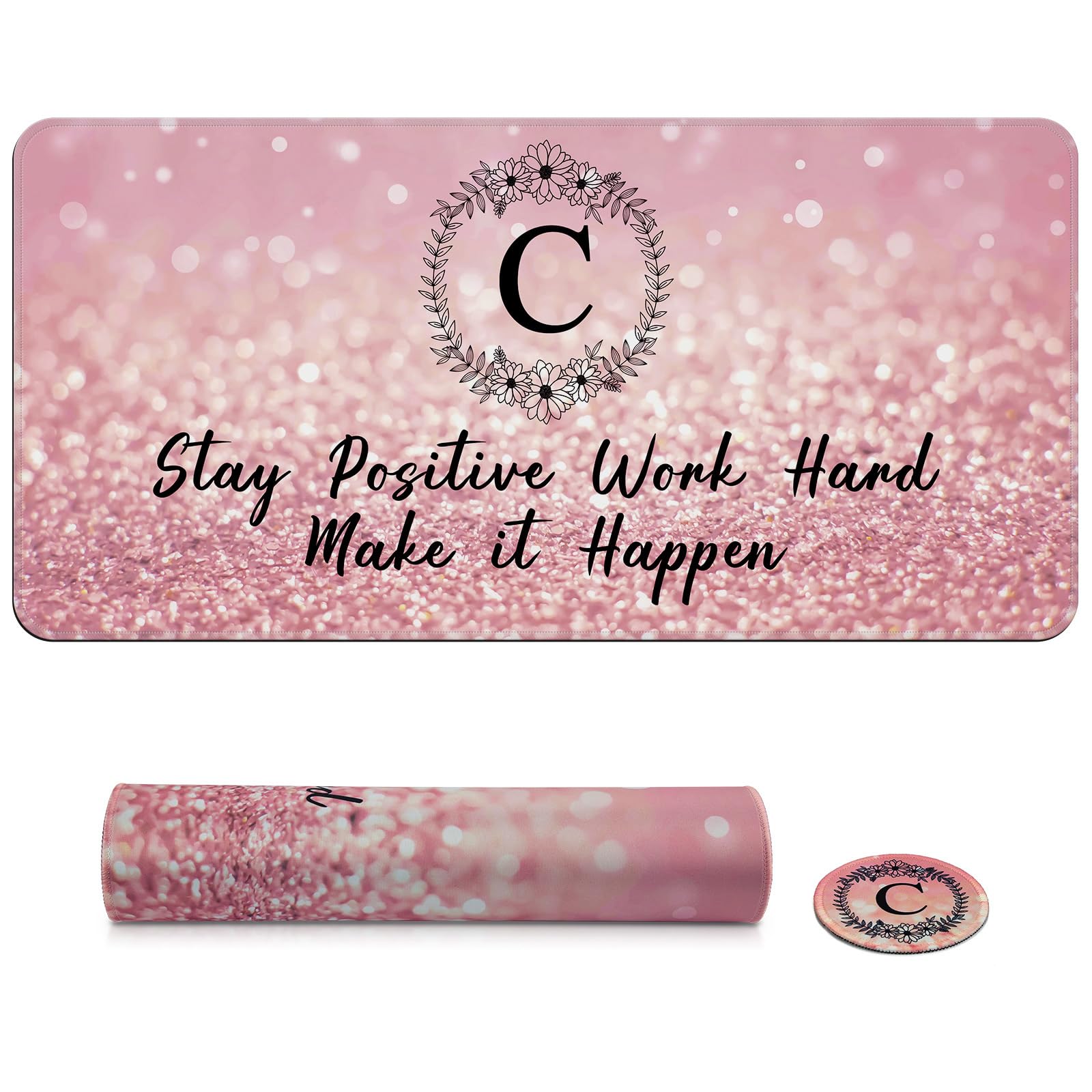 Pink Large Gaming Mouse Pad with Coaster, Desk Mat, Mouse Pad for Computer Keyboard Laptop Office Decor, Stitched Edges Extended Mousepad, 31.5''