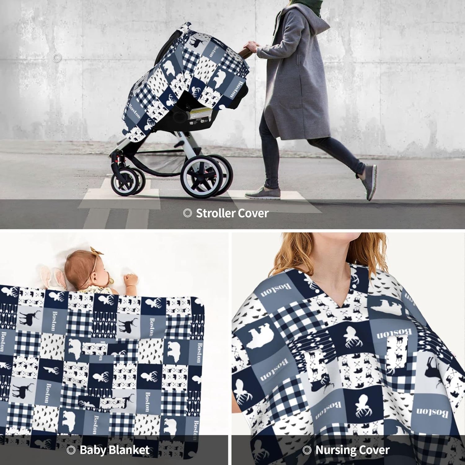 Personalized Woodland Deer Bear Blue Baby Car Seat Canopy for Babies with Name, Custom Baby Car Seat Covers for Boys, Opening Minky Nursing Breastfeeding Cover Infant Carseat Canopies for Newborn