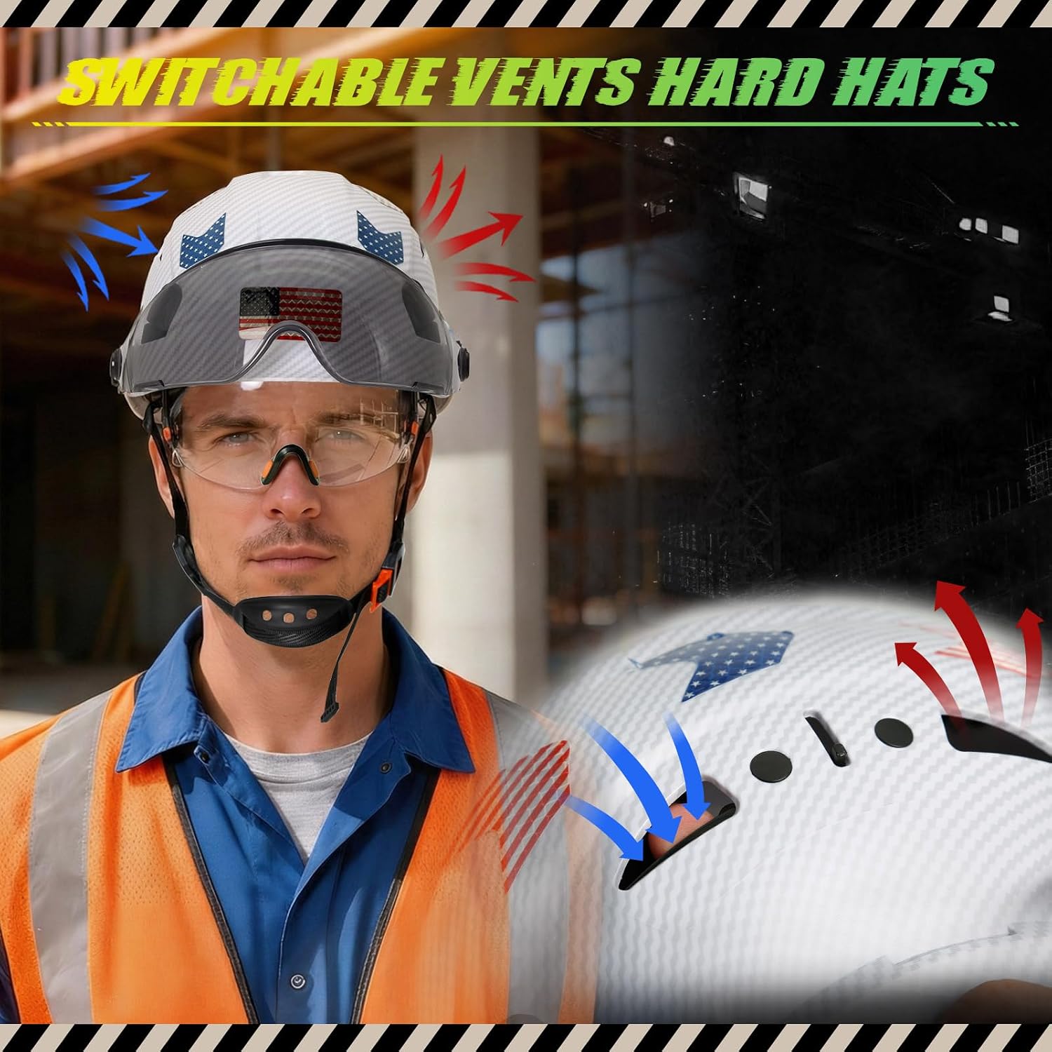 Carbon Fiber Pattern Hard Hat with Visor - Hard Hats with Double Safety Glasses Construction OSHA Approved for Men,Vented Safety Helmet with Chin Strap,ANSI Z89.1 Type 1 Hardhats