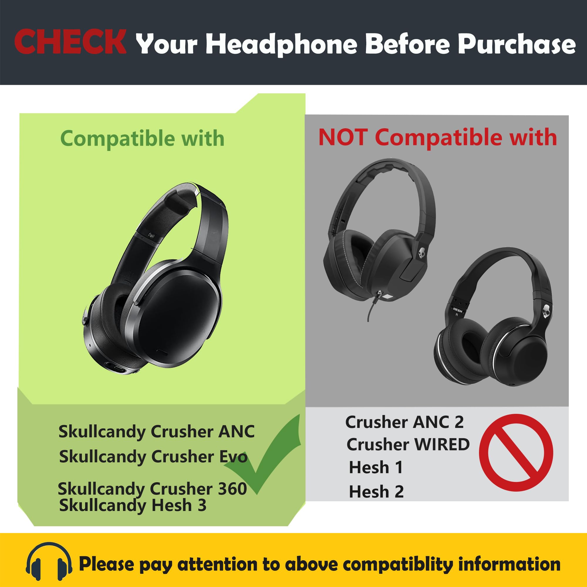 Crusher ANC Earpads and Headband Replacement for Skullcandy Crusher Wireless Crusher ANC/Crusher Evo/Crusher 360/Hesh 3 Headphones Ear Pads with Protein Leather 1