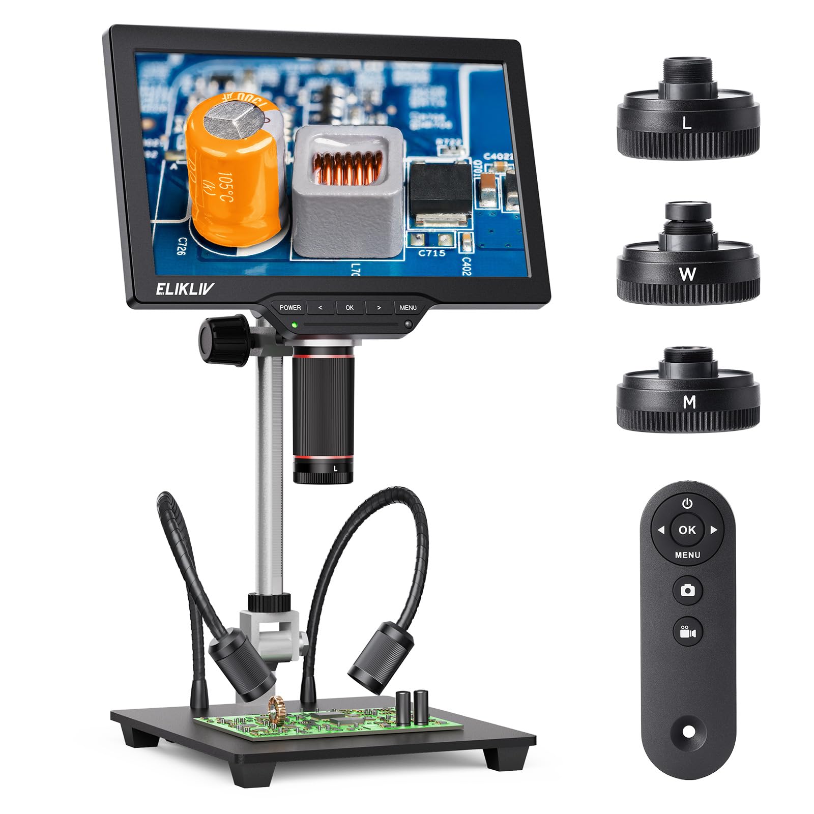 Elikliv 4K Magnetisches 3-Linsen Mikroskop: TL301 Max Münzmikroskop mit 10,1" IPS Display, Digitalmikroskop für Erwachsene, Seitenlichter, 10" Ständer, PC/TV-kompatibel, 64 GB
