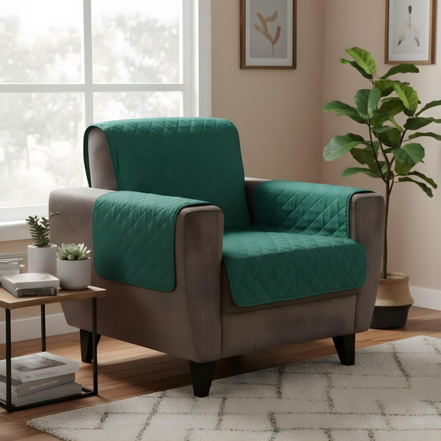 1 Seater Polyester Sofa Cover, Emerald and Light Green Reversible Quilted Sofa Couch Cover, Furniture Slipcover Protector, Washable Cover with Non Slip Foam for Kids, Dogs, Pets-image-18