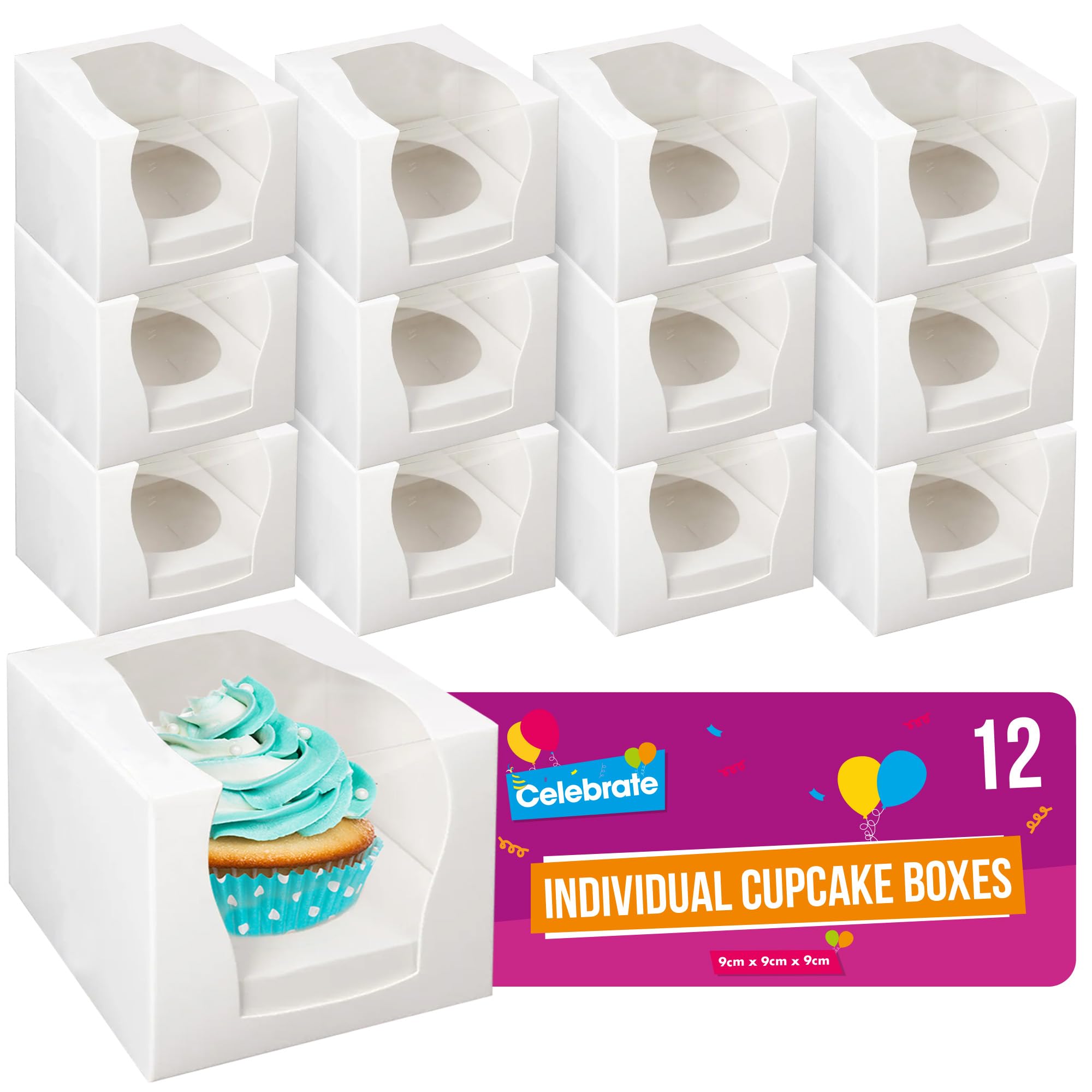 SOL 12 Pack of Individual Cupcake Boxes 9cm x 9cm x 9cm Square White Card Boxes with Clear Window Perfect for Muffins Cup Cakes Parties Events Weddings Home Baking Presentation and Gifting