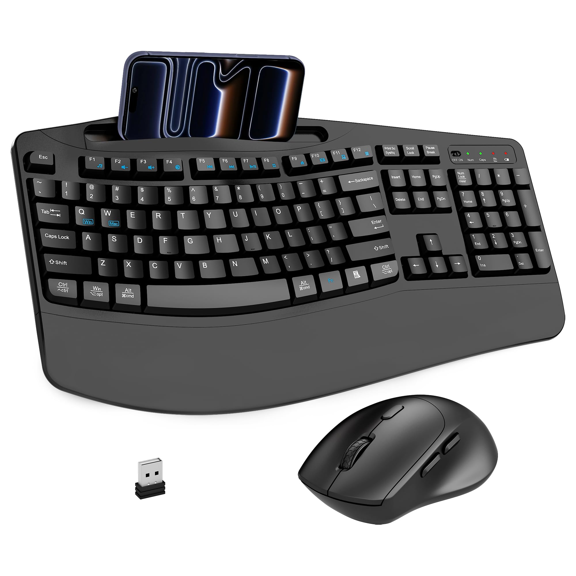 Wireless Keyboard and Mouse Combo, 2.4G Full Size Wave Keys Ergonomic Keyboard with Wrist Rest, Phone Holder, 3-Level DPI Wireless Silent Mouse with 6-Buttons, for Windows, Mac OS, Laptop, PC (Black)