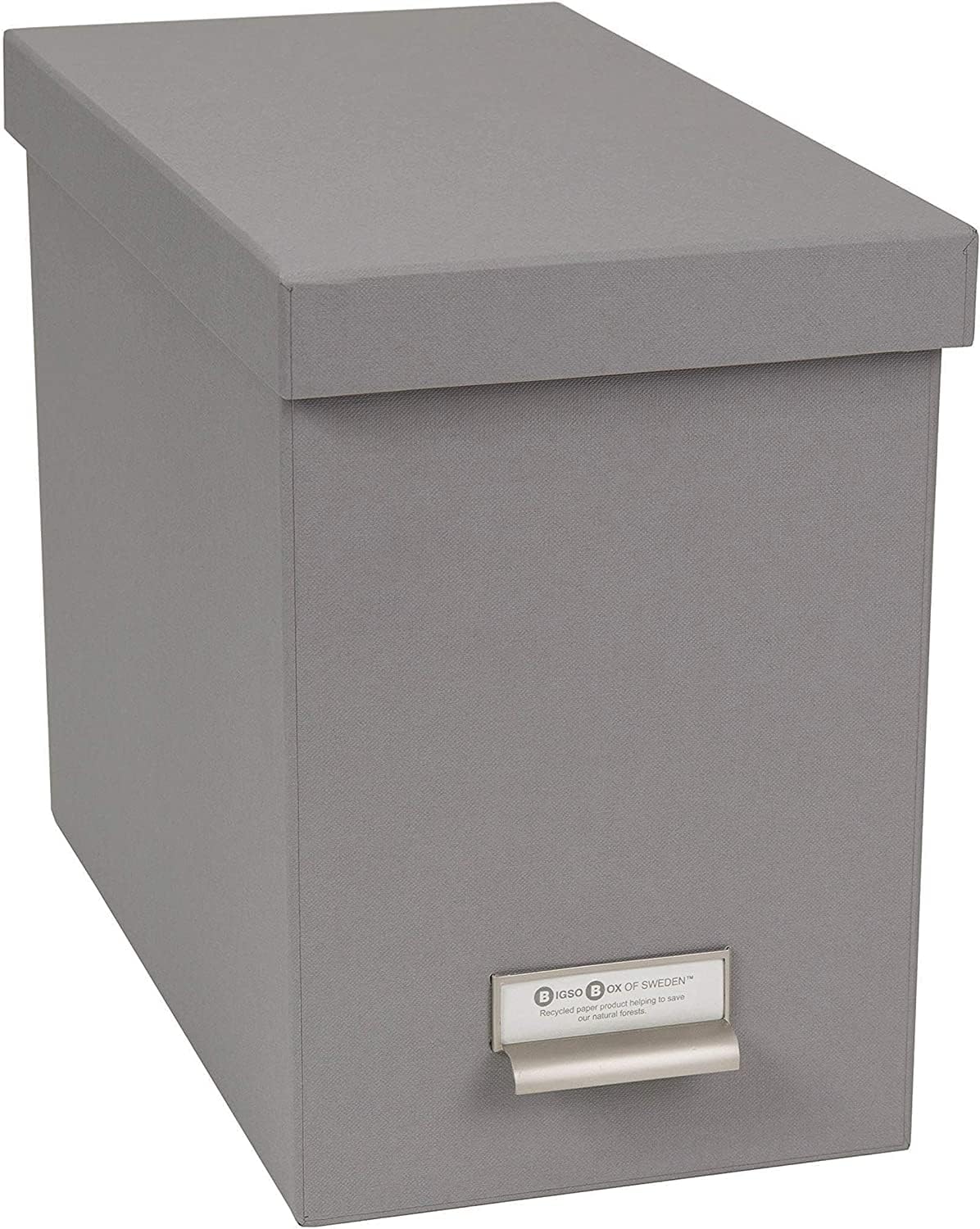 Bigso Box of Sweden John Fiberboard Label Frame Desktop File Storage Box | Document Organizer for Important Paperwork | Durable Hanging File Box with a Lid & Metal Label Window, 7.4"x13"x10.4" | Grey