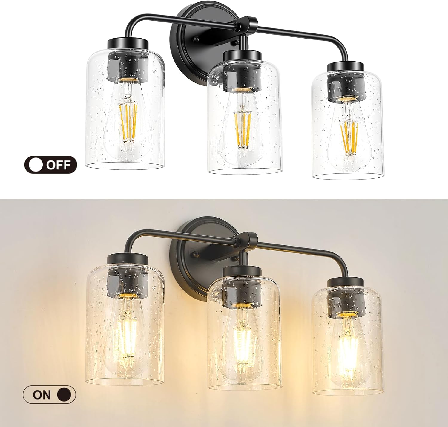 3-Light Bathroom Vanity Light Fixtures, 18 Inch Matte Black Modern Vanity Lights with Seeded Glass Shade, Bathroom Wall Lamp for Mirror,Living Room, Hallway, Cabinet, Porch