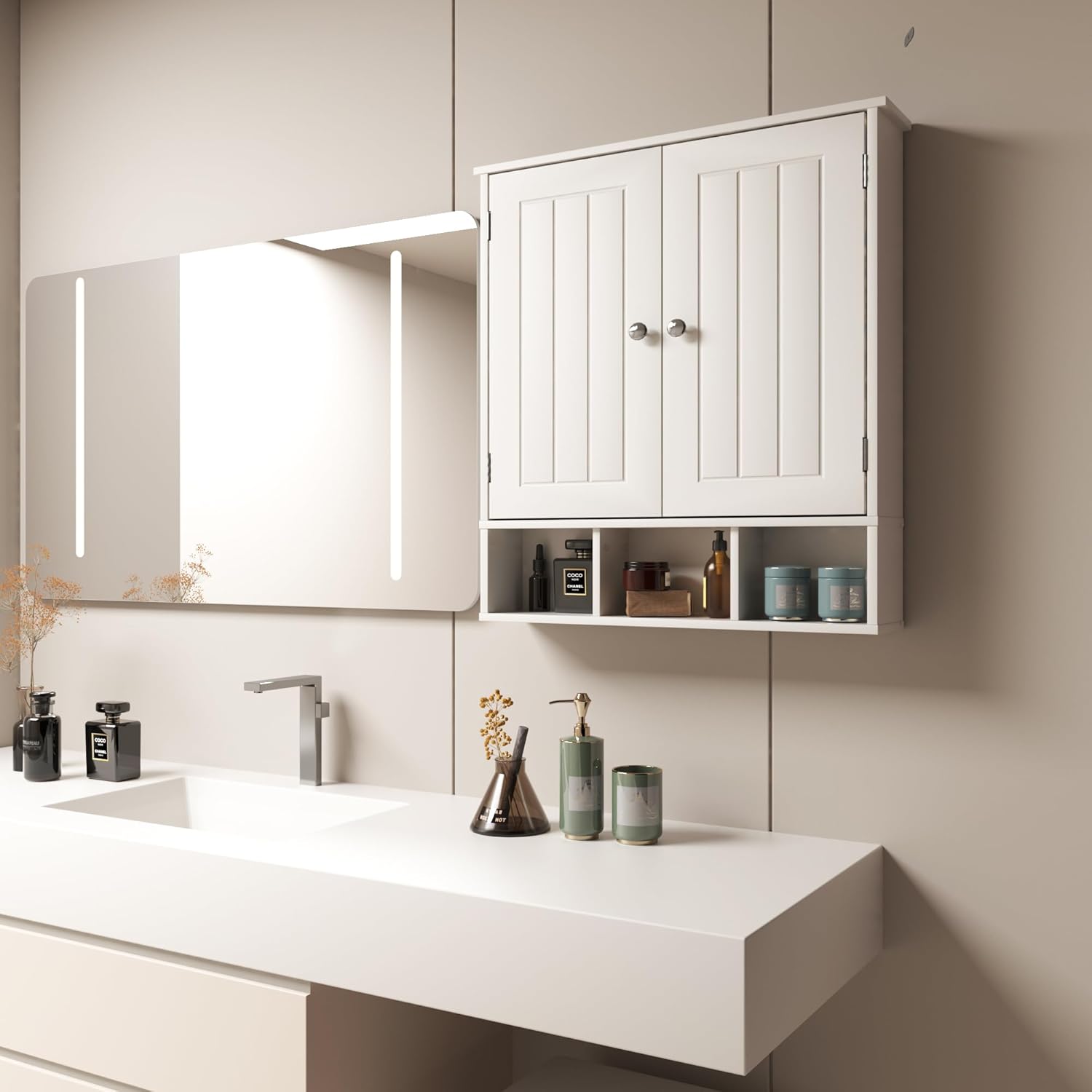 Amazon.com: Bathroom Medicine Cabinet 2 Doors with 3 Open Shelves, Over ...