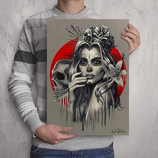 SUGAR SKULL GIRL with CROWN and LILLY - Signed ART - Day of the Dead Queen - Tattoo Artwork Gift Print - A3 Size