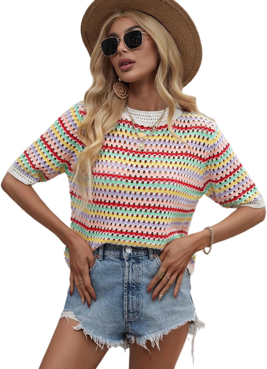 RanRui Solid Color Knitwear Hollow Knitting Loose Foreign Trade Crew-Neck Striped Knitwear for Women