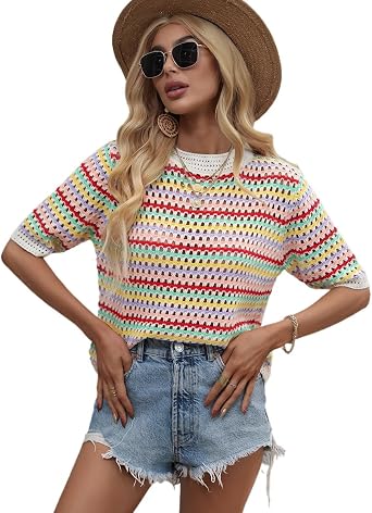 RanRui Solid Color Knitwear Hollow Knitting Loose Foreign Trade Crew-Neck Striped Knitwear for Women
