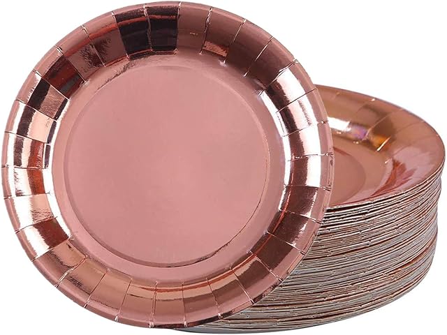 Topways® Rose Gold Party Tableware, Disposable Paper Party Tableware Dinnerware Plates Party Supplies for Birthday, Weddings, Anniversary Decorations, Pack of 48 (7inch)