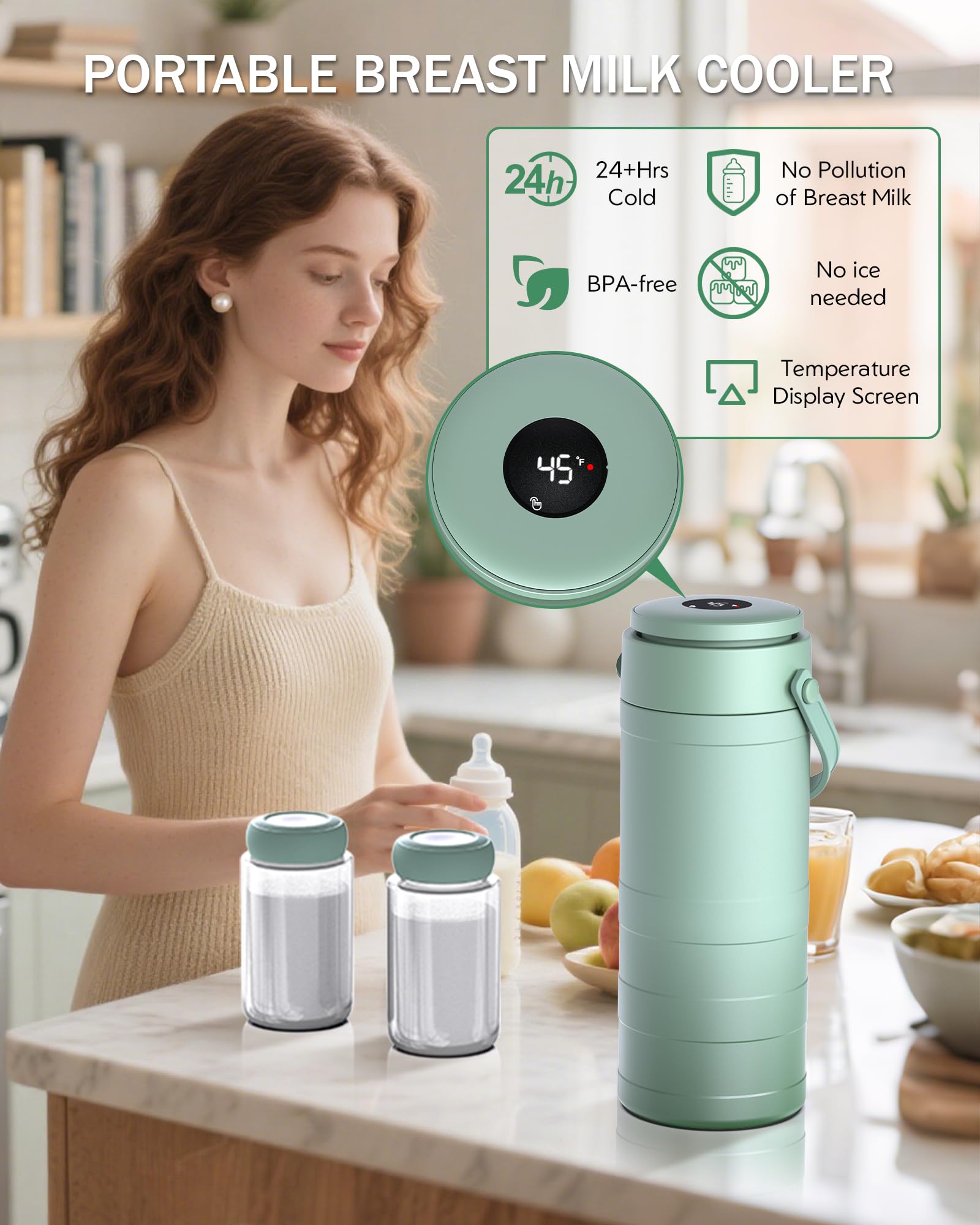 Condition photo showing Brand New for portable breast milk cooler, 24h 360° cooling, digital temp display, 22oz capacity with 2 bpa-free bottles, cpc certified for outdoor travel & commute