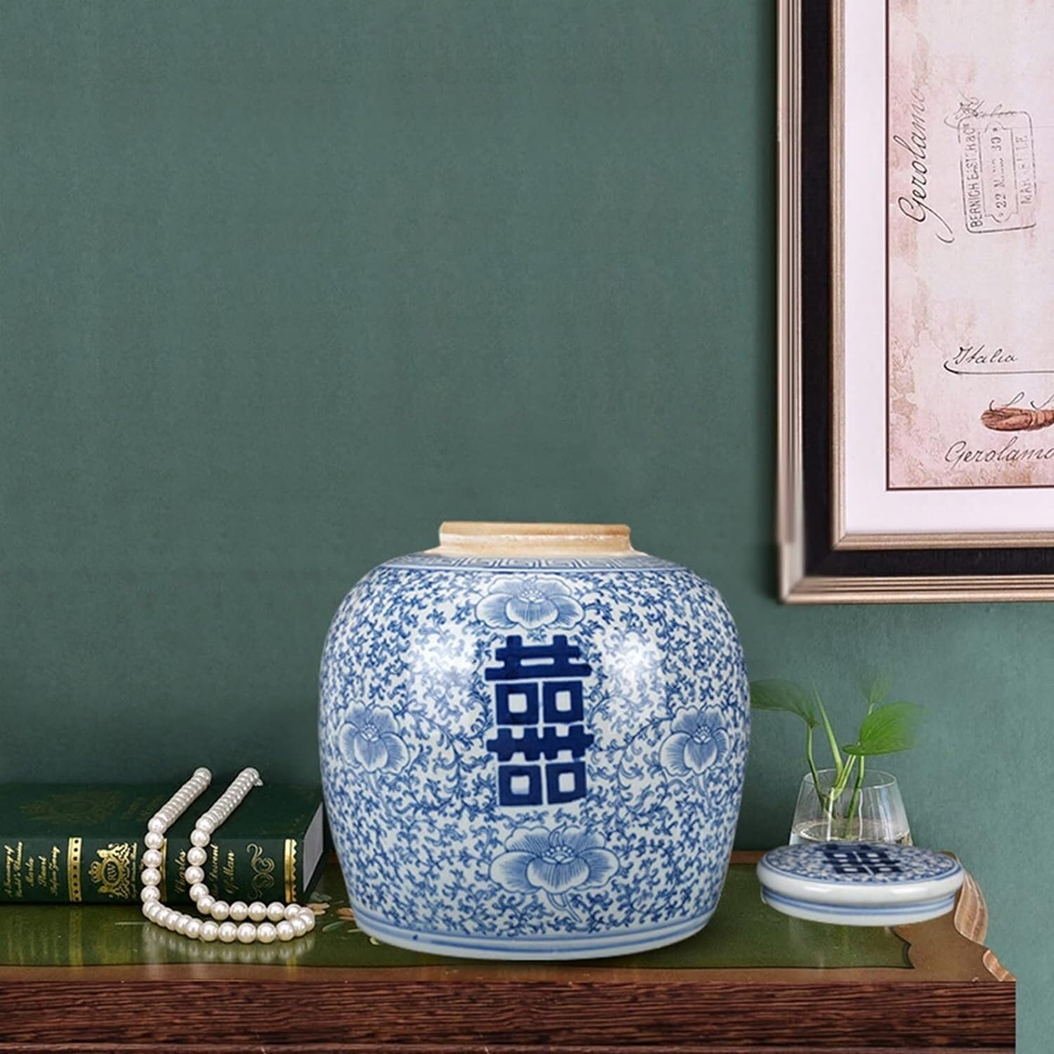 Ingwerglas Blaue Und Weiße Porzellan-dekorative Keramikknospenvase Double Happiness, Flache Oberseite Mit Deckel, Ingwerglas Tempelglas
