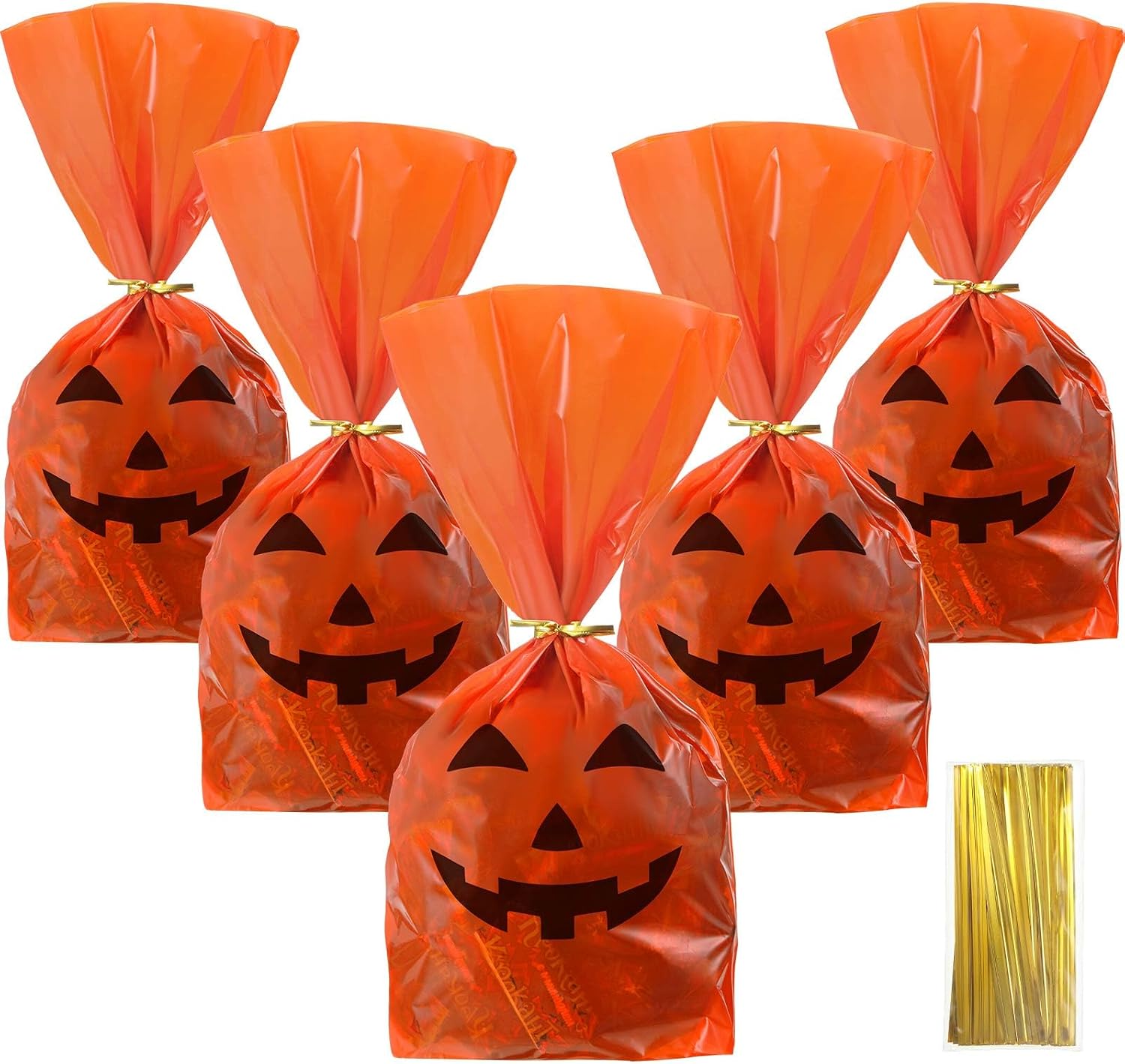 Outus 100 Pcs Halloween Jack O Lantern Pumpkin Treat Bag Orange Cellophane