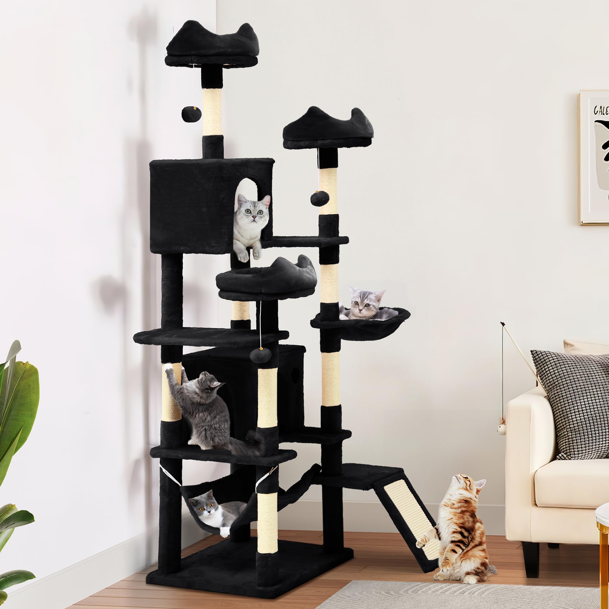 Fully assembled YITAHOME 75-inch cat tree in black, with multiple levels, condos, perches, and scratching posts.