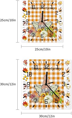 Miniatura 7 de Happy Thanksgiving Wooden Wall Clock Silent Non Ticking, Fall Gnomes Harvest Autumn Orange Plaid Square Wall Clock Battery Operated, Decor Clock for