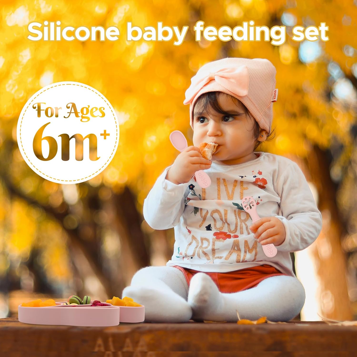 BabyX Baby Silicone Feeder Set, 3-pcs Pink-Fish-themed Baby Plate with Suction, Spoon and Fork for Babies Toddler Kids, BPA-Free, Baby Utensils Feeding Supplies, Microwave and Dishwasher Safe