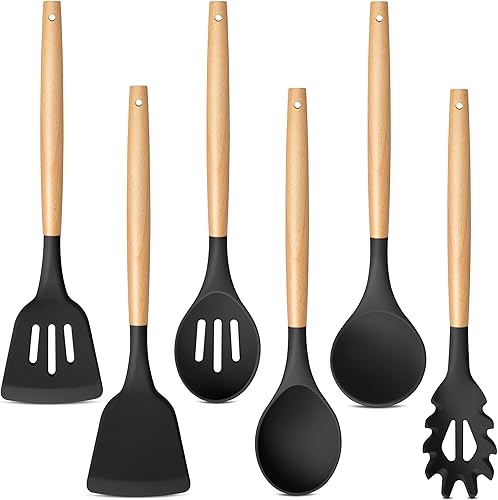 TeamFar Juego de 6 utensilios de cocina de silicona, utensilios de cocina con asas de madera, espátula ranurada, cucharón de sopa, cuchara para