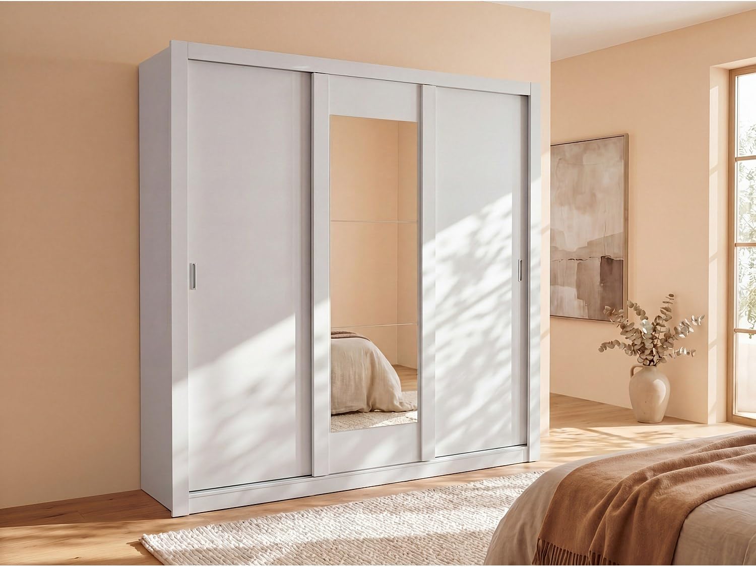 Vente-unique Armario con Espejo Roxane - 3 Puertas correderas – Ancho 220 cm - Blanco