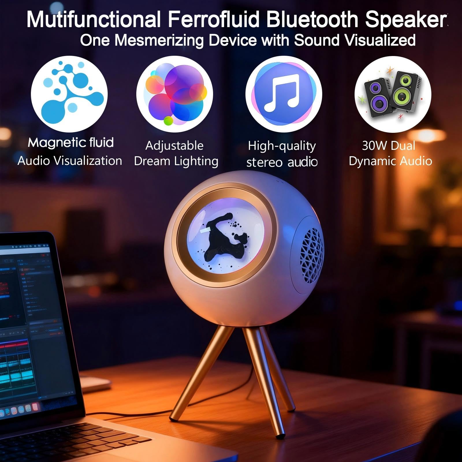 Ferrofluid Altoparlante Bluetooth,visualizzazione audio Ferrofluid Altoparlante Bluetooth con bassi migliorati e alti nitidi,doppio canale stereo,coppia TWS,vibrante luce colorata ambientale (Bianco)